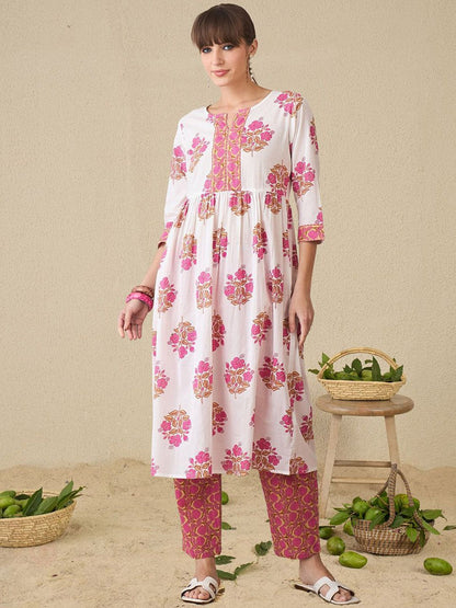 Floral Printed Notch Neck A-Line Pure Cotton Kurta With Trousers
