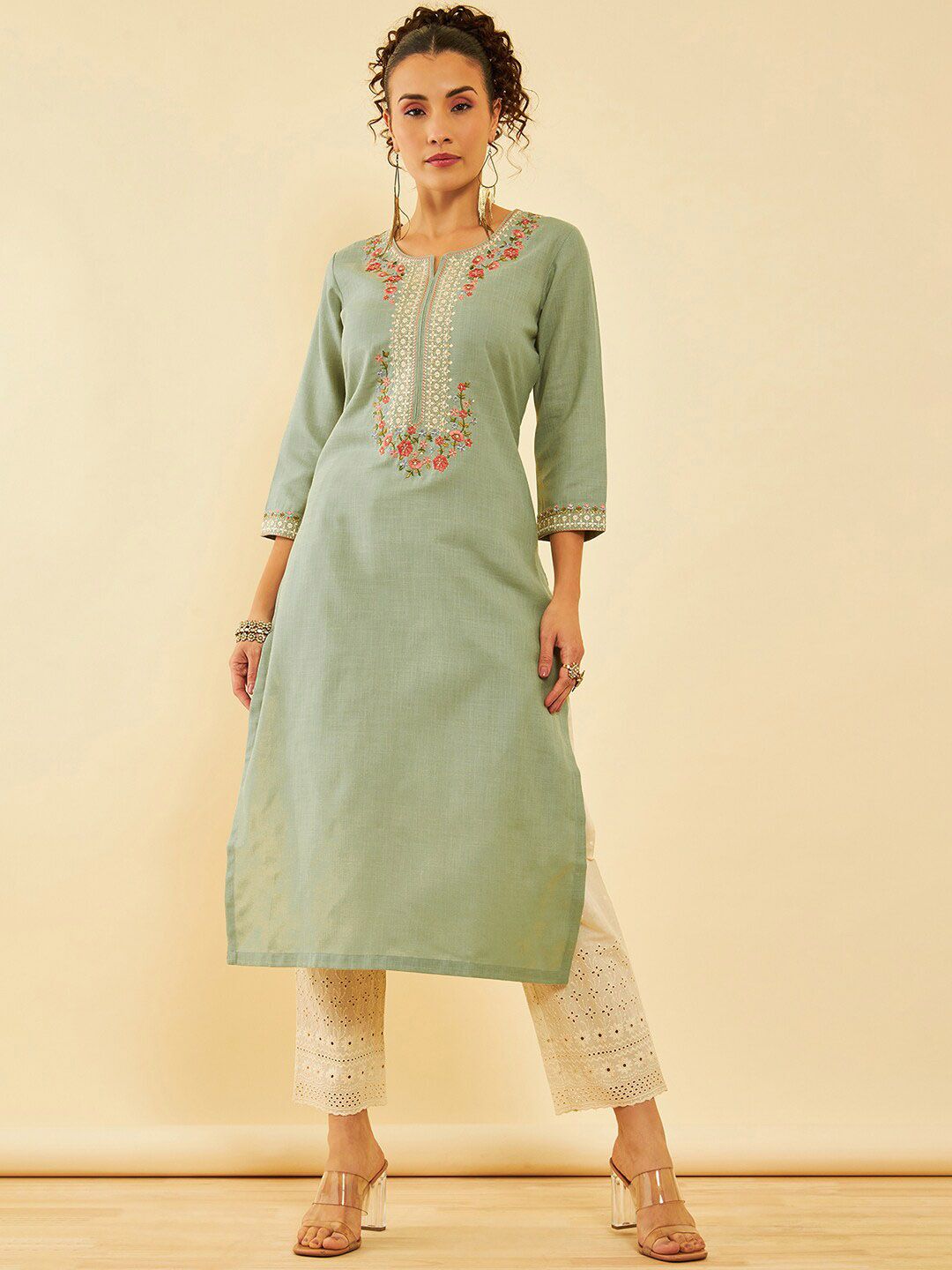 Dhiyona SO Women's Floral Yoke Design Regular Thread Work Kurta with Palazzos