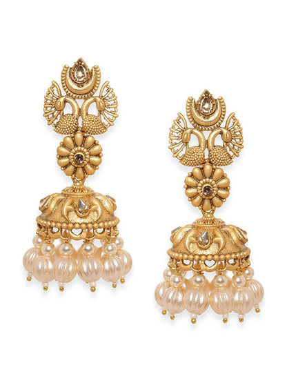 Dhiyona RJ Women's Gold-Plated Pearls Peacock Shaped Jhumkas Earrings