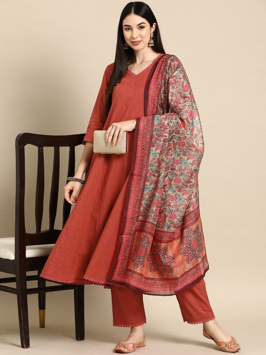 Women's Anarkali Pure Cotton Kurta With Trousers & Dupatta