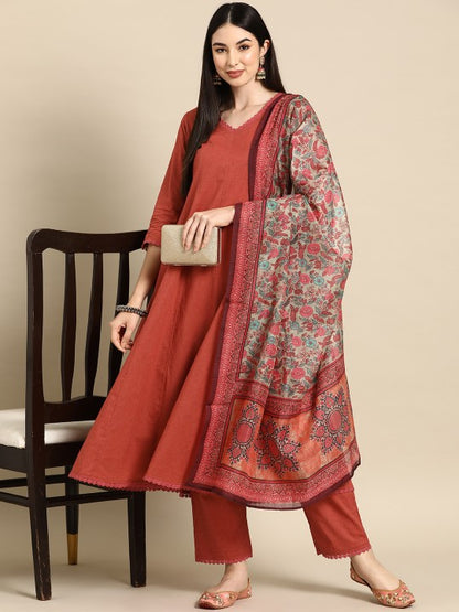 Women's Anarkali Pure Cotton Kurta With Trousers & Dupatta