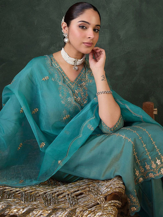Dhiyona IE Women Ethnic Motifs Embroidered Regular Zari Kurta with Trousers & Dupatta
