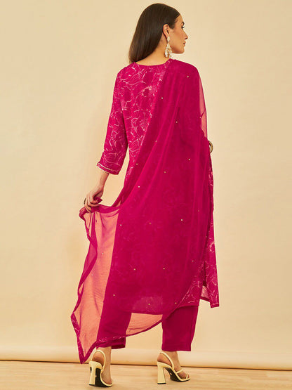 Dhiyona SO Women's Floral Embroidered Regular Gotta Patti Kurta with Trousers & Dupatta
