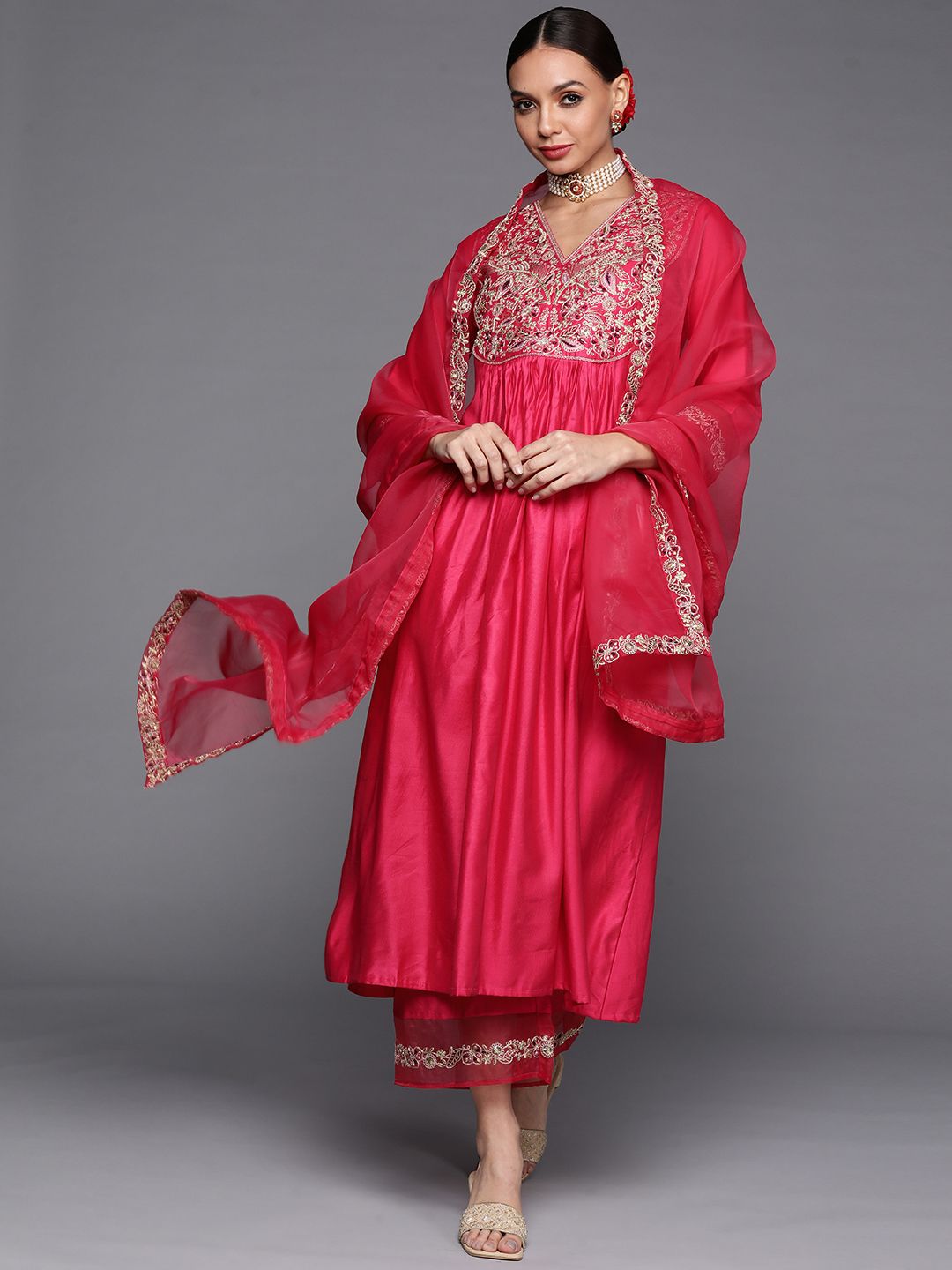Women Pink & Gold Yoke Embroidered Sequinned A-Line Kurta Palazzos Dupatta