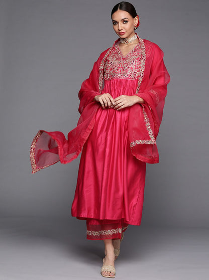 Women Pink & Gold Yoke Embroidered Sequinned A-Line Kurta Palazzos Dupatta