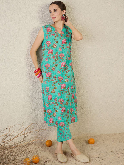 Floral Printed V-Neck Pure Cotton A-Line Kurta With Trouser