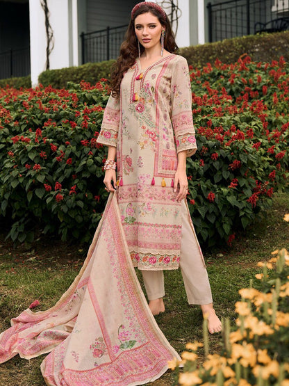 Dhiyona IE Floral Printed V-Neck Sequinned Linen Kurta With Trousers And Dupatta