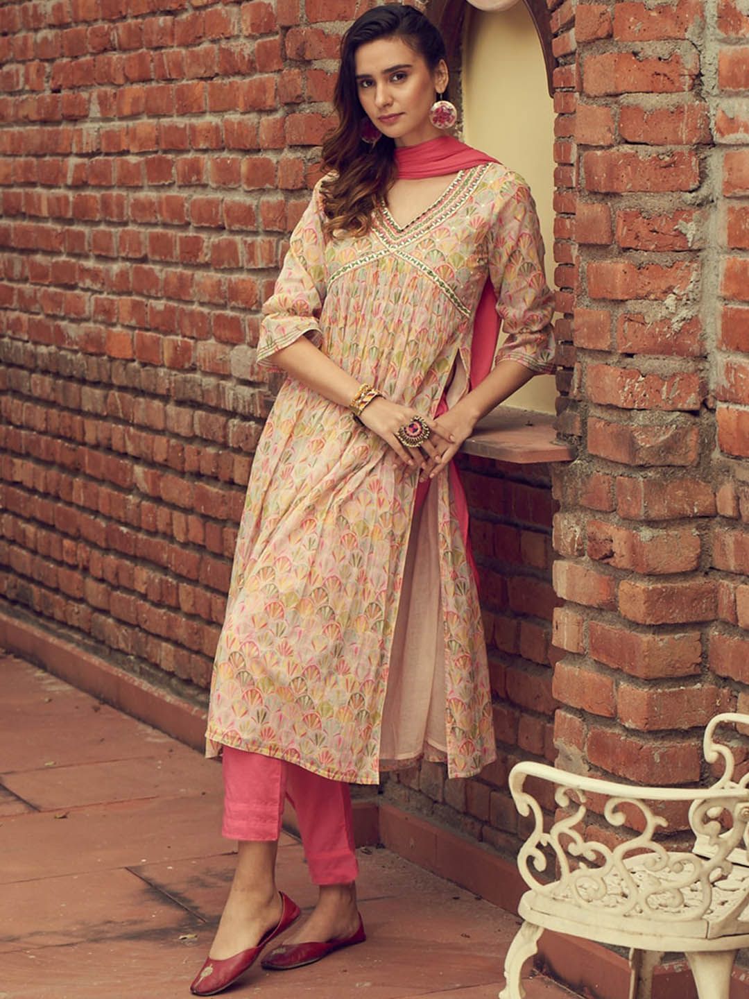 Dhiyona IS Women's Ethnic Motifs Printed Mirror Work Empire Anarkali Kurta with Trousers & Dupatta