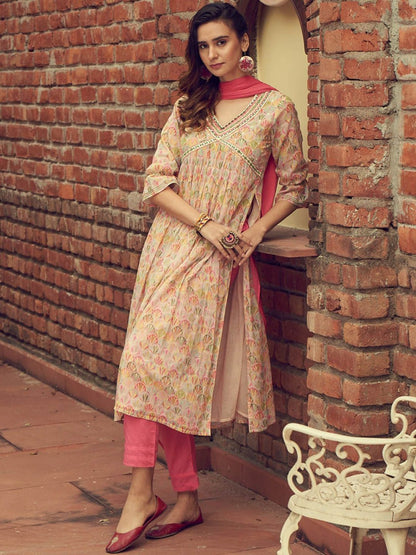 Dhiyona IS Women's Ethnic Motifs Printed Mirror Work Empire Anarkali Kurta with Trousers & Dupatta