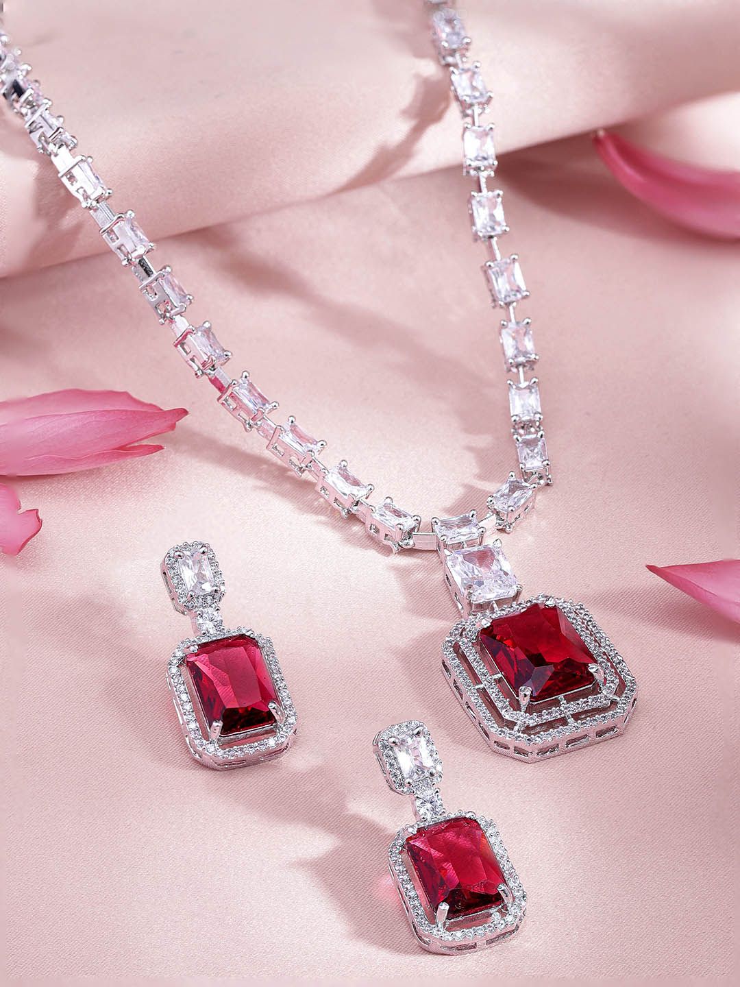 Dhiyona RJ Women's Rhodium-Plated Ruby Red & White Cubic Zirconia Studded Necklace Set