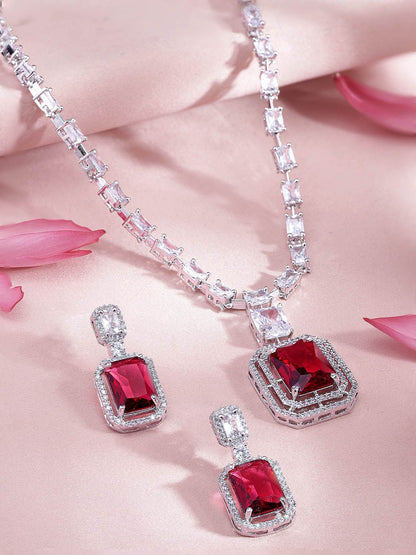 Dhiyona RJ Women's Rhodium-Plated Ruby Red & White Cubic Zirconia Studded Necklace Set