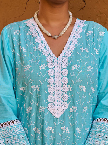 Floral Embroidered Thread Work Pure Cotton Straight Kurta With Trousers & Dupatta