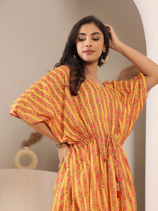 Dhiyona VA Women'sFloral Printed V-Neck Pure Cotton Kaftan Kurta With Trouser