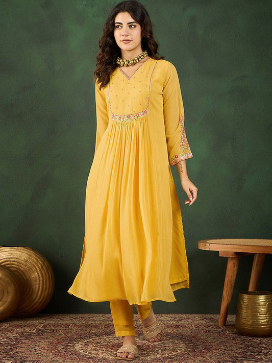 Dhiyona SN Women's V Neck Embroidered Kurta Sets