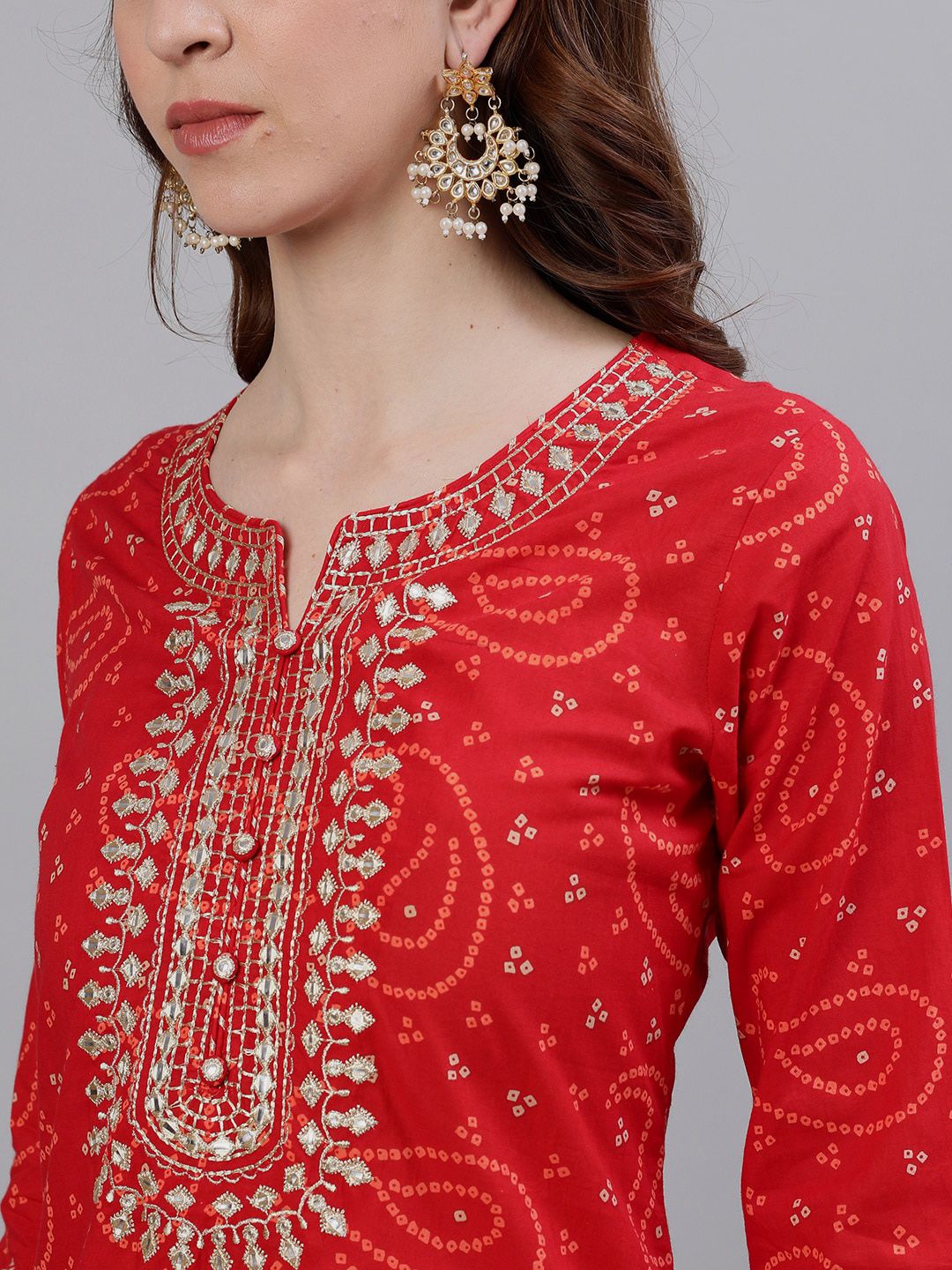 Dhiyona IS Women's Bandhani Printed Gotta Patti Pure Cotton Kurta with Sharara & With Dupatta