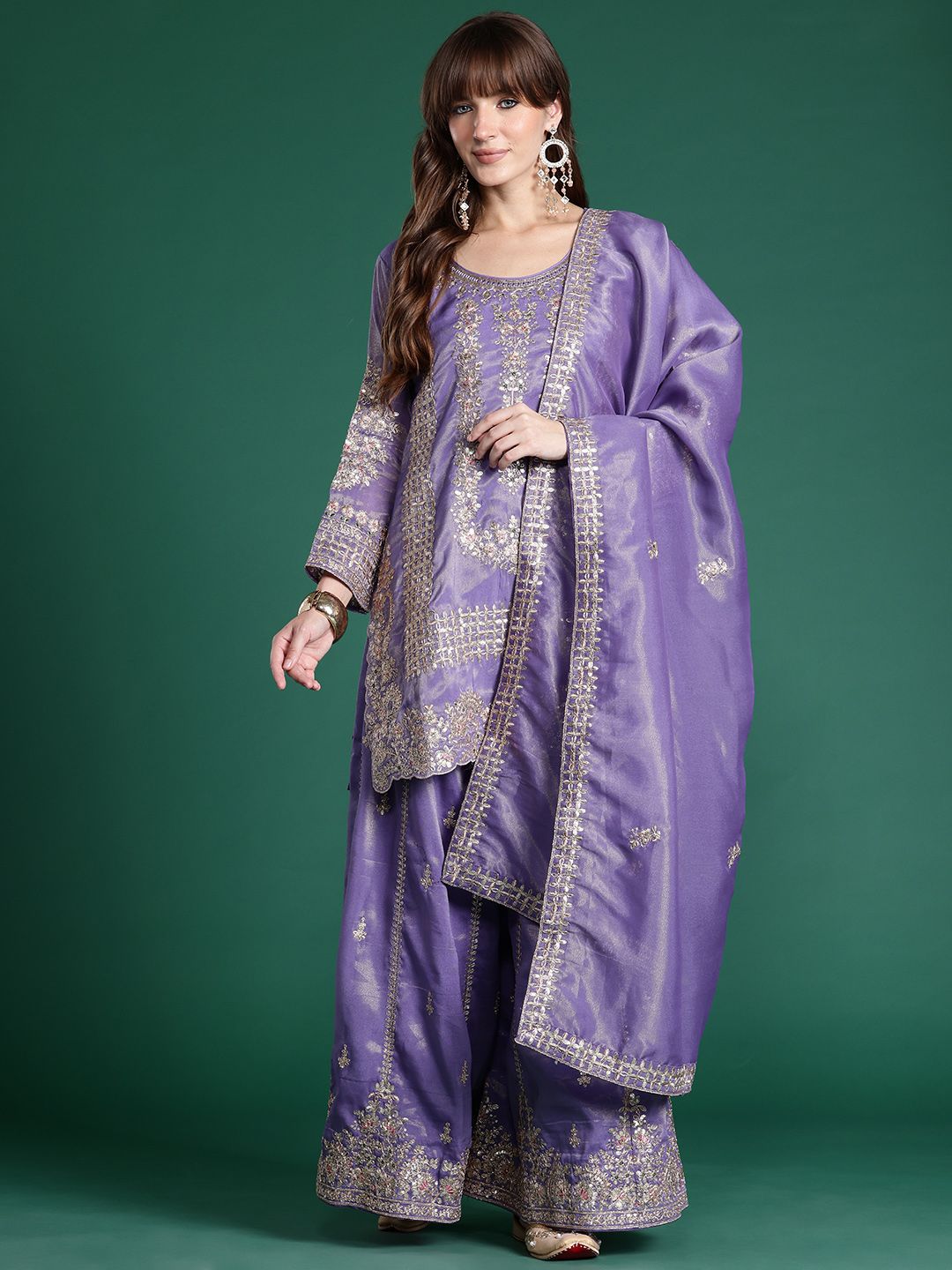 Dhiyona IE Ethnic Motifs Embroidered Sequinned Kurta With Palazzos & Dupatta