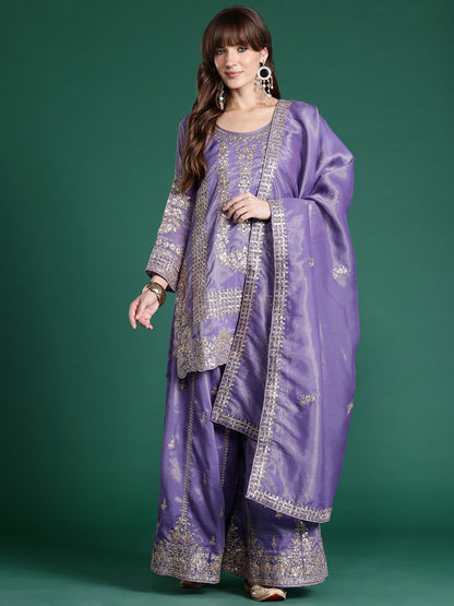 Dhiyona IE Ethnic Motifs Embroidered Sequinned Kurta With Palazzos & Dupatta