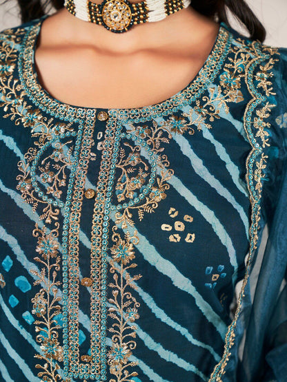 Dhiyona SN Women's Leheriya Embroidered Straight Kurta With Trousers & Dupatta