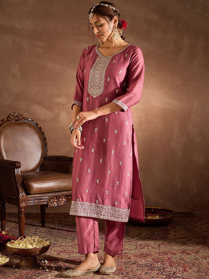 Floral Embroidered V-Neck Thread Work Straight Kurta With Trousers & Dupatta