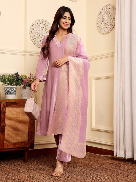 Dhiyona VA Women'sVelvet Kurta with Palazzos & With Dupatta