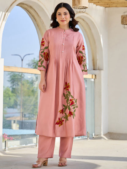 Women Floral Embroidered Thread Work Pure Cotton A-Line Kurta with Trousers