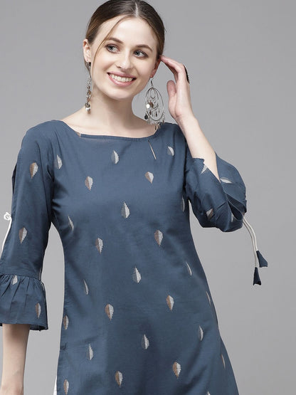 Dhiyona IE Women Navy Blue Printed Bell Sleeves Kurta