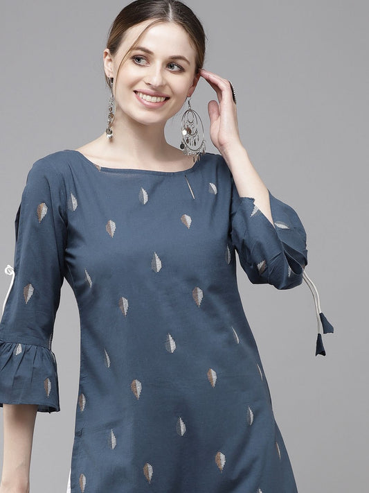 Dhiyona IE Women Navy Blue Printed Bell Sleeves Kurta