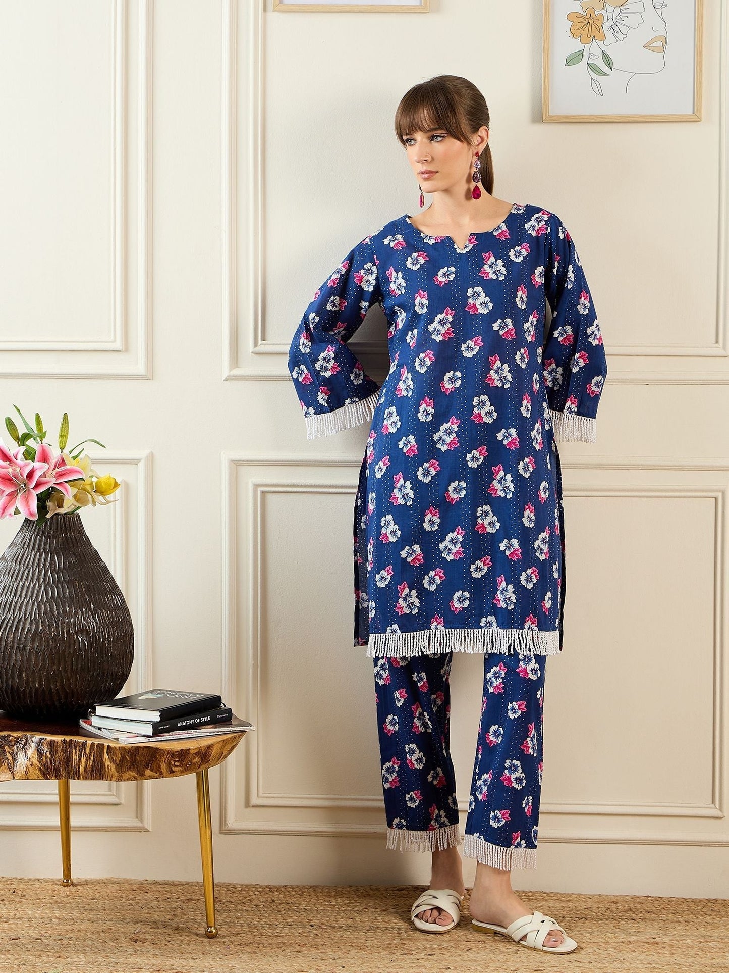 Dhiyona IE Floral Printed Pure Cotton Notch Neck Straight Kurta With Trousers