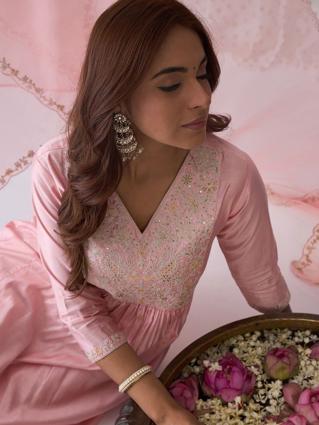 Dhiyona IE Pink Ethnic Motifs Embroidered Aari Work Kurta with Trousers & Dupatta