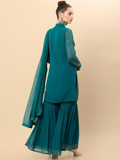 Dhiyona SO Women's Women Green Ethnic Motifs Kurti with Sharara & Dupatta