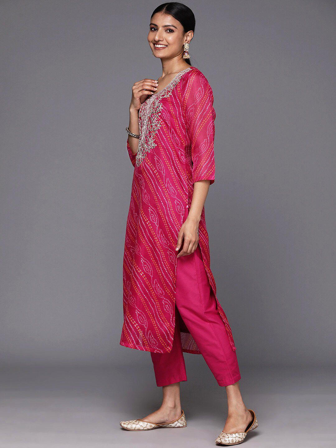 Dhiyona VA Women'sBandhani Printed Regular Kurta with Trousers & With Dupatta