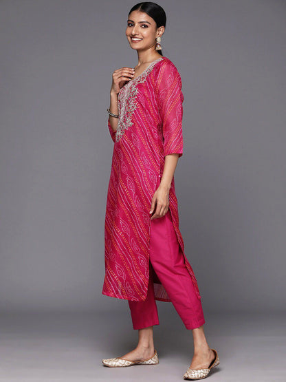 Dhiyona VA Women'sBandhani Printed Regular Kurta with Trousers & With Dupatta