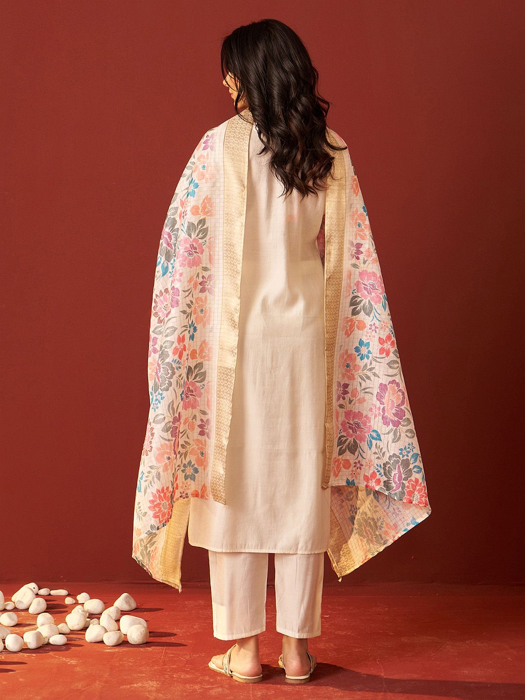 Floral Embroidered Thread Work Kurta With Trousers & Dupatta