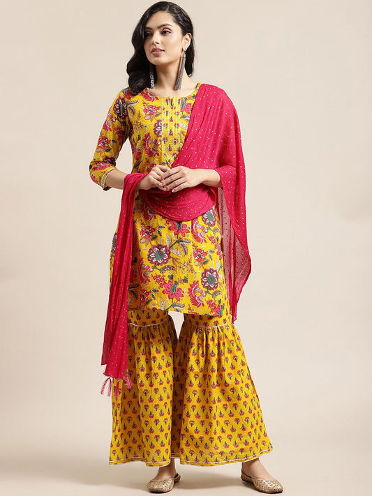 Dhiyona VA Women's Yellow Floral Printed Straight Pure Cotton Kurta & Sharara With Dupatta