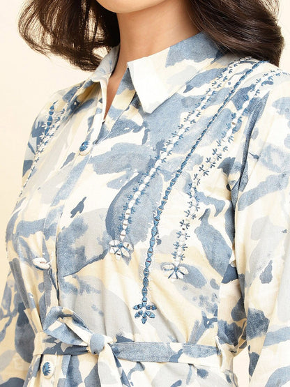 Dhiyona VA Women'sFloral Printed Shirt Collar Kurta With Trousers
