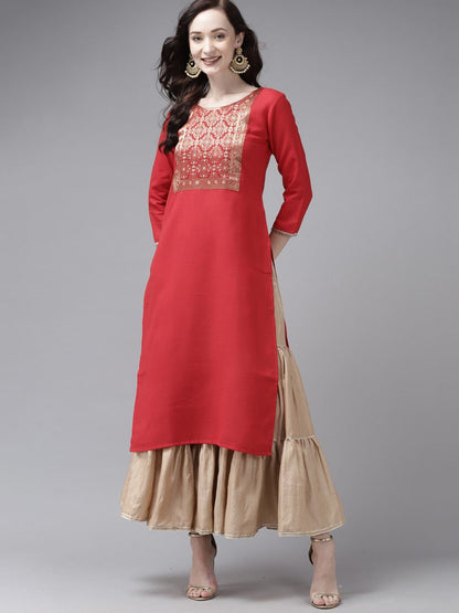 Dhiyona IE Women Red Ethnic Motifs Yoke Design Thread Work Straight Kurta