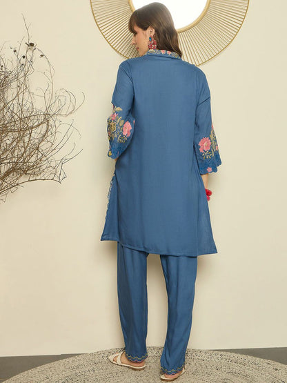 Dhiyona IE Women Embroidered Shirt Collar Top and Trousers Co-Ords