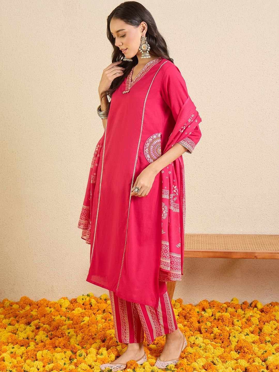 Women Ethnic Motifs Regular Thread Work Pure Cotton Kurta with Trousers & With Dupatta