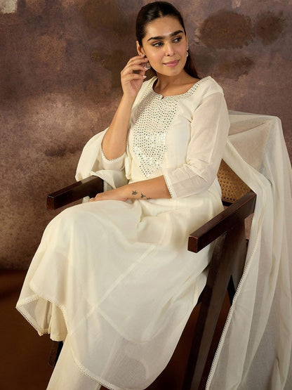 Women Solid Cotton A-Line Kurta with Trousers & Dupatta