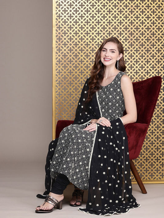 Dhiyona PD Women Women Rozana Floral Thread Work Pure Cotton Kurta With Churidar & Dupatta
