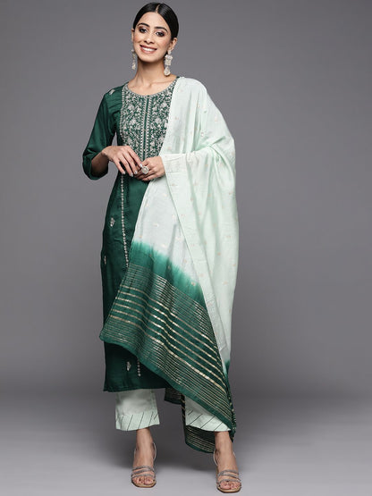 Dhiyona VA Women's Green Ethnic Motifs Yoke Design Gotta Patti Pure Cotton Kurta with Trousers & With Dupatta