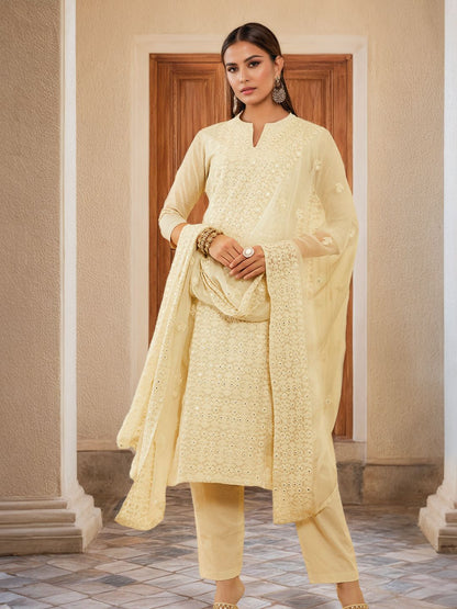 Dhiyona SO Women's Beige Floral Embroidered Chanderi Silk Straight Kurta With Trousers & Dupatta