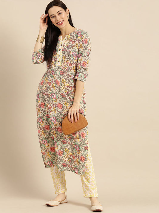 Dhiyona VA Women's Sea Green & Mustard Yellow Printed Kurta with Trousers