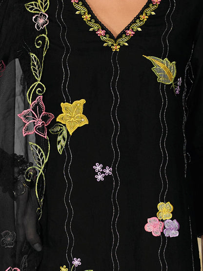 Floral Embroidered Thread Work Straight Kurta With Trousers And Dupatta