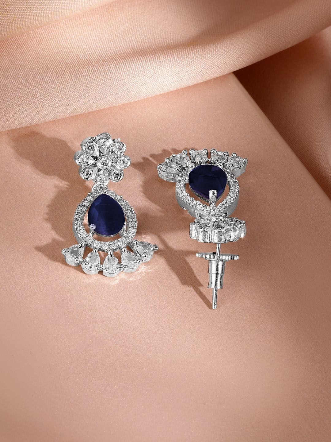 Dhiyona RJ Women's Rhodium-Plated Navy Blue AD & Cubic Zirconia Studded Necklace Set