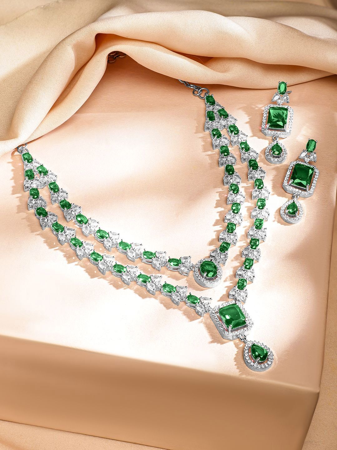 Dhiyona RJ Women's Rhodium-Plated Emerald Green & White Cubic Zirconia Studded Luxe Layer Necklace Set