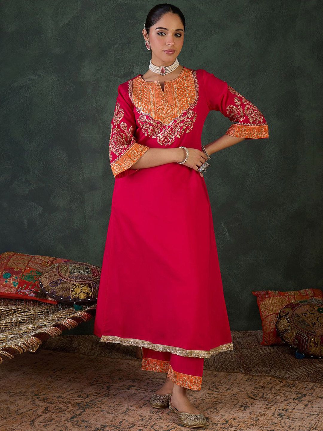 Dhiyona IE Embroidered Round Neck Top With Trousers Co-Ords