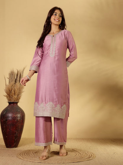 Dhiyona PD Women Embroidered Notch-Neck Straight Kurta With Trousers And Dupatta