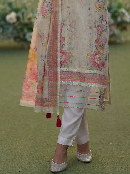 Women Floral Embroidered Linen Kurta with Trousers & Dupatta