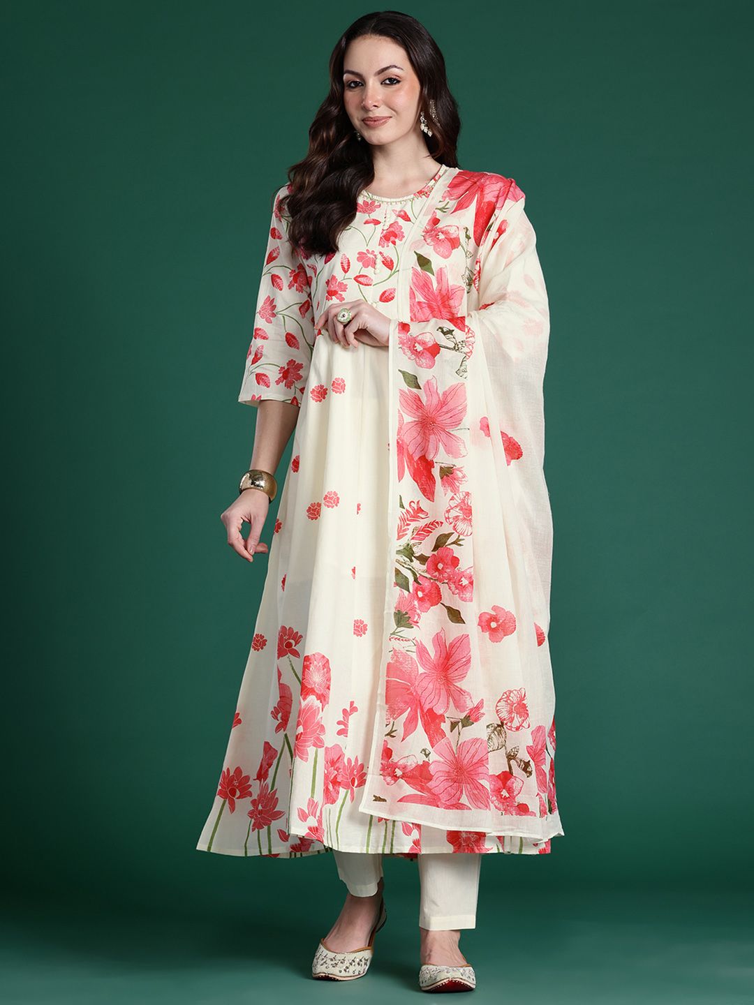 Floral Printed Regular Pure Cotton Kurta with Trousers & With Dupatta